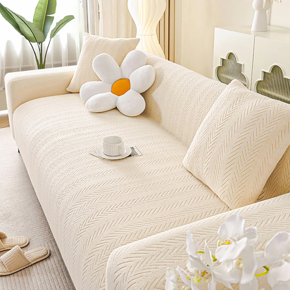 Housse de fauteuil, canapé extensible magique esthétique crème en chevrons élégante - Image 9
