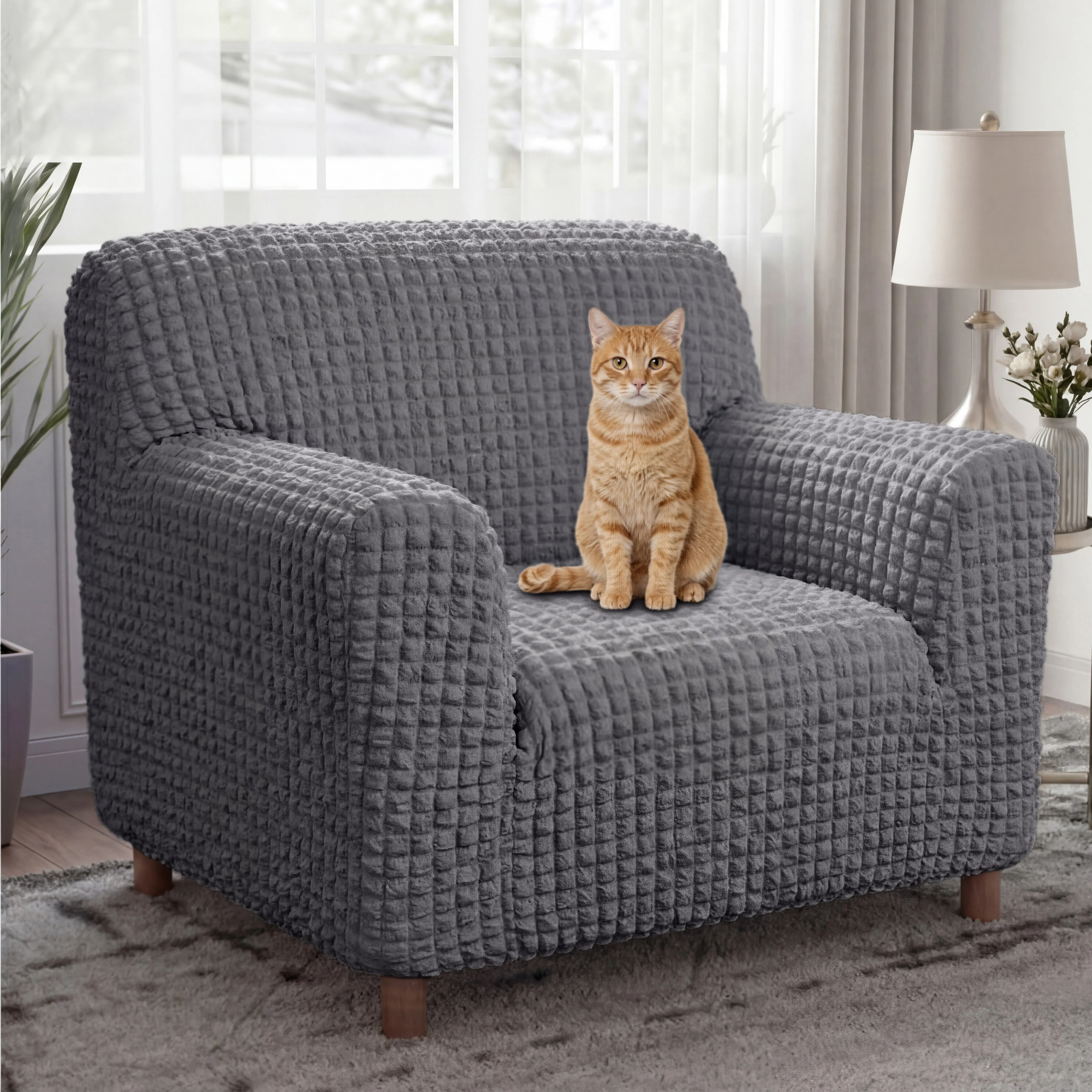 Housse de fauteuil, canapé extensible magique en seersucker et respirant, style crème, à couverture complète. - Image 5