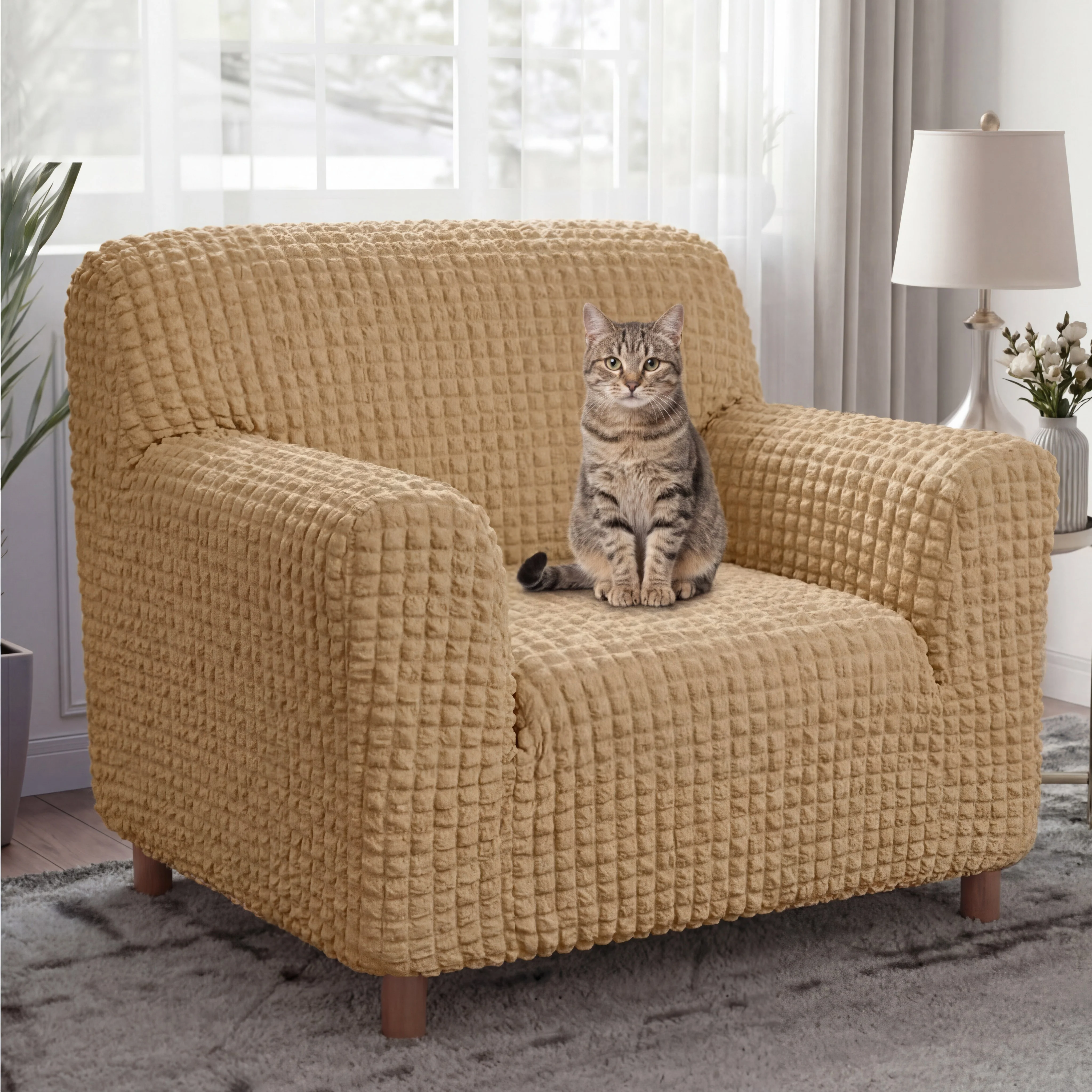 Housse de fauteuil, canapé extensible magique en seersucker et respirant, style crème, à couverture complète. - Image 7