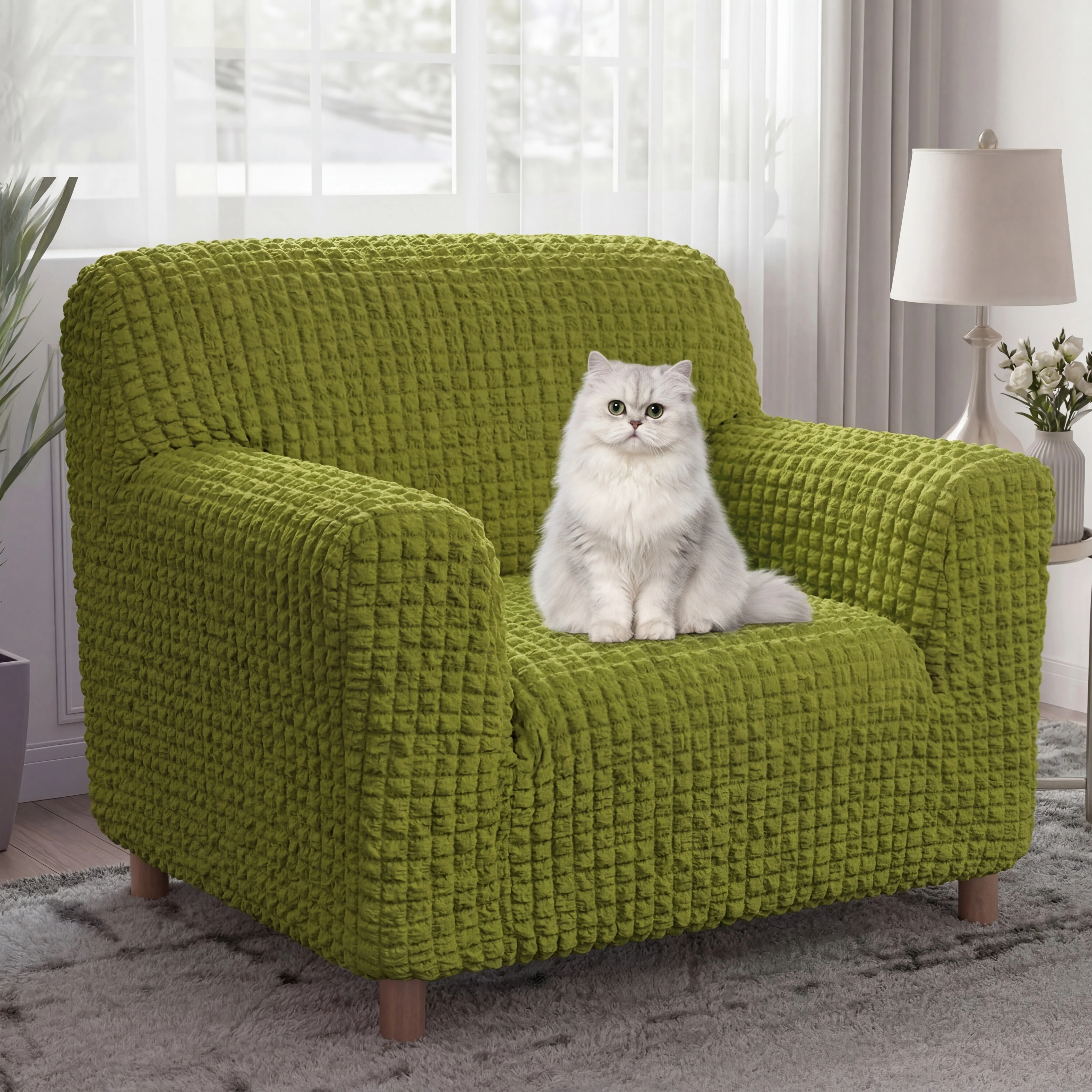 Housse de fauteuil, canapé extensible magique en seersucker et respirant, style crème, à couverture complète. - Image 9