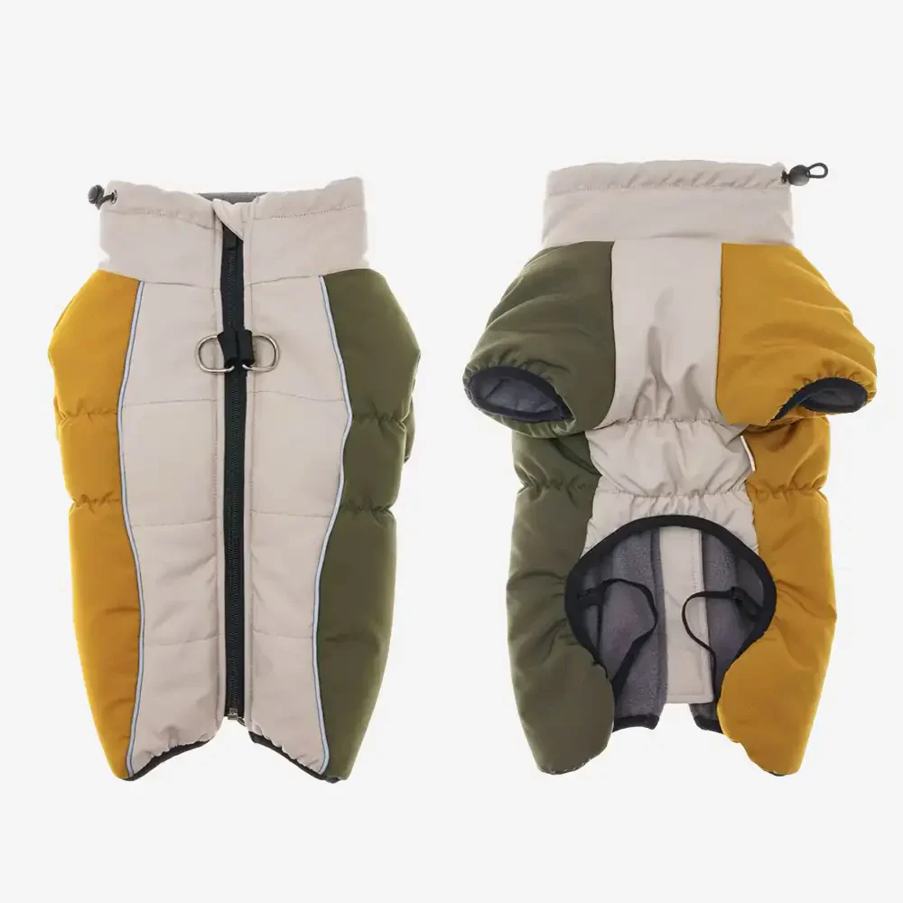 Manteau pour chien chaud en polaire à blocs de couleurs rétro avec boucle pour laisse. - Image 3