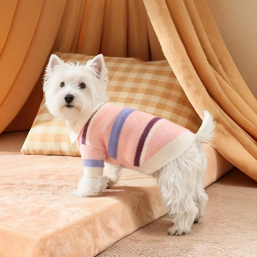 Pull pour chien teckel en fausse fourrure de vison à rayures et coloris bloc, chaud, adapté pour chiots. - Image 12