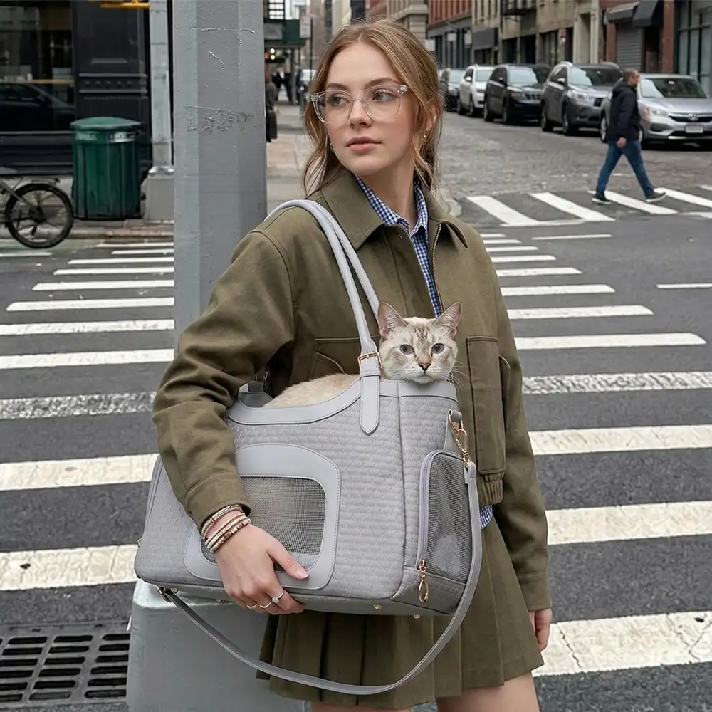 Sac de transport pour animaux en cuir synthétique respirant et portable, adapté pour les chiens et les chats, idéal pour les voyages et les vétérinaires. - Image 5