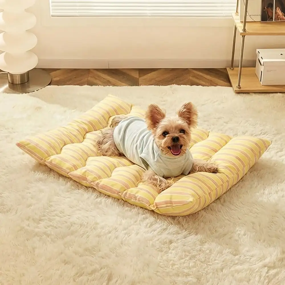 Tapis pour animaux en tissu doux, respirant, à rayures bicolores et réversible