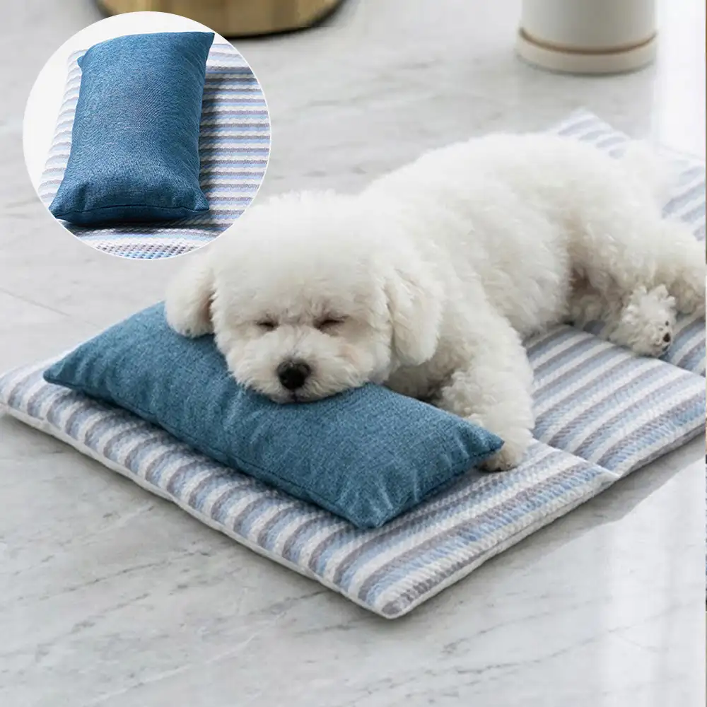 Tapis pour chien rafraîchissant en soie de glace rayée, antidérapant, avec coussin. - Image 3