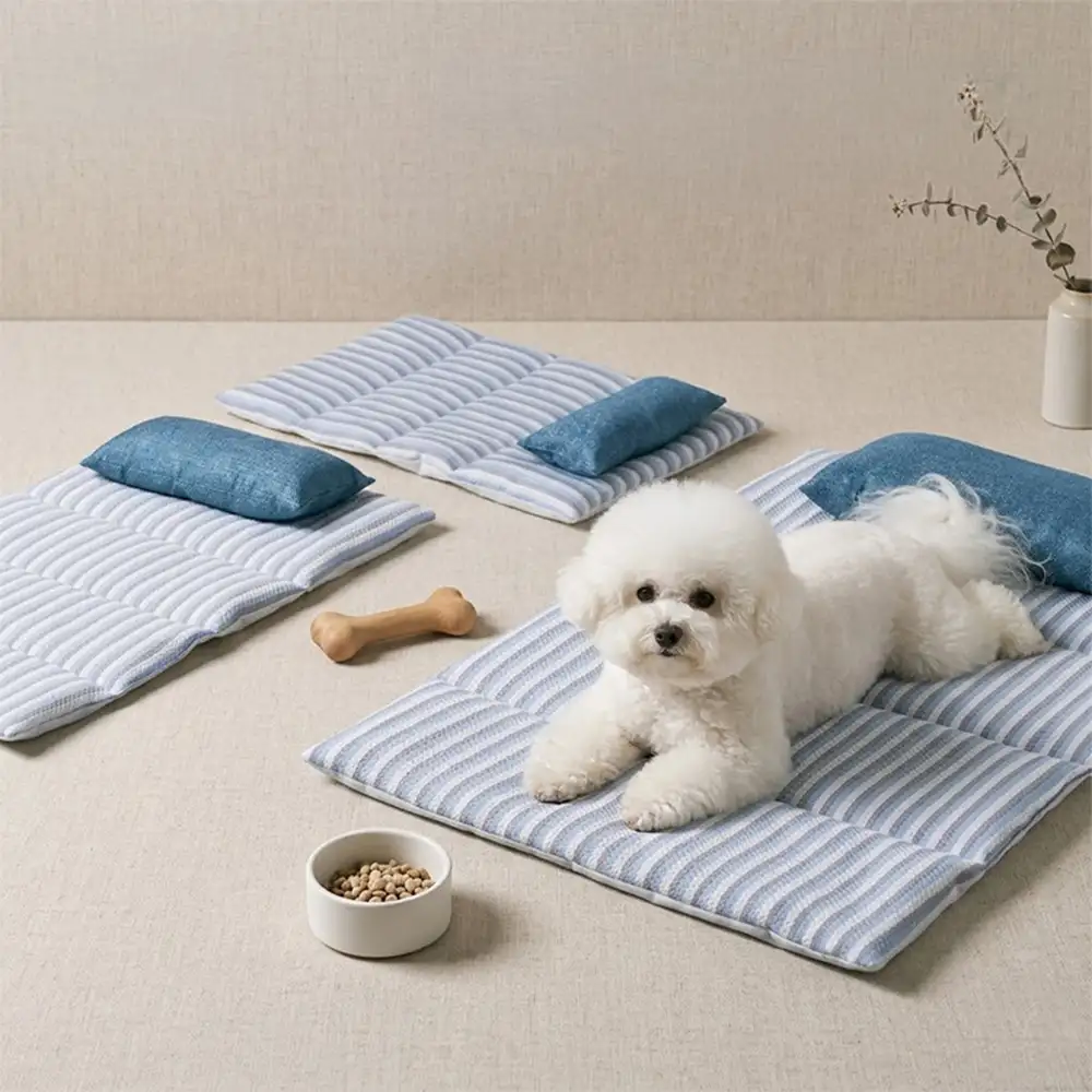 Tapis pour chien rafraîchissant en soie de glace rayée, antidérapant, avec coussin. - Image 8